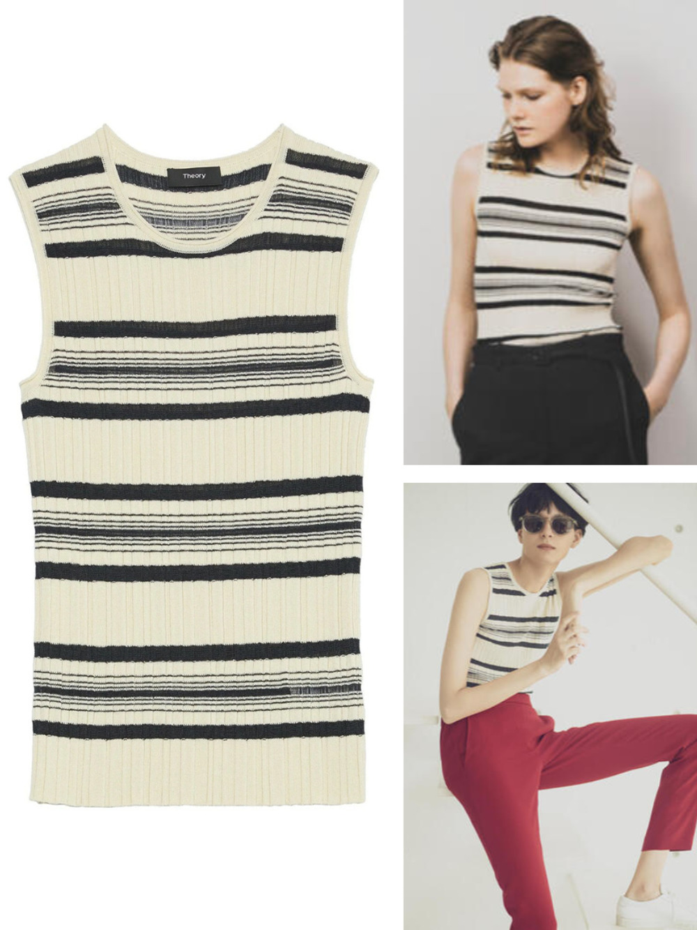 THEORY Wool Viscose Striped Rib Shell Tank In Ecru / Dark Navy Bering Size 0